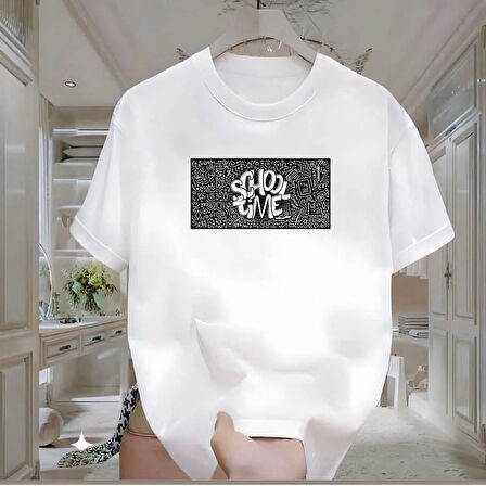School Time Baskılı Beyaz Oversize Erkek Tshirt