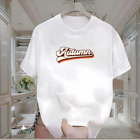 Autumn Baskılı Beyaz Oversize Erkek Tshirt