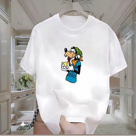 Goofy Goof Baskılı Beyaz Oversize Erkek Tshirt