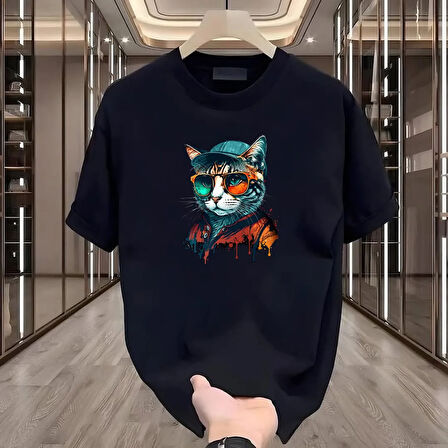 Cool Cat Baskılı Siyah Oversize Erkek Tshirt
