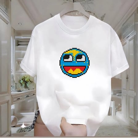 Pixel Smile Baskılı Beyaz Oversize Tshirt