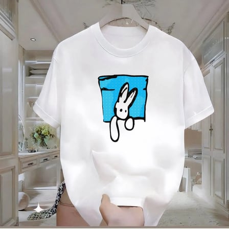 Tavşan Baskılı Beyaz Oversize Tshirt