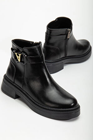 Kadın Tokalı Soğuk Geçirmez Parlak Siyah Kışlık Bot  