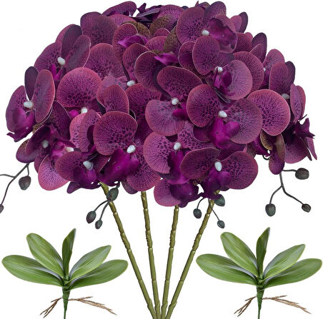 4lü Set Yapay Çiçek Koyu Mor Islak Orkide ve 2 Adet Orkide Yaprağı Gerçeksi Doku Uzun Dal 90cm