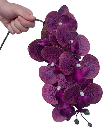 4lü Set Yapay Çiçek Koyu Mor Islak Orkide ve 2 Adet Orkide Yaprağı Gerçeksi Doku Uzun Dal 90cm