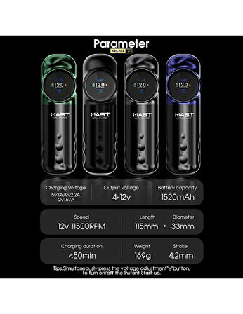 Mast Archer S Green & Black - Kablosuz Dövme Makinesi