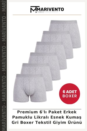 Premium 6'lı Paket Erkek Pamuklu Likralı Esnek Kumaş Gri Boxer Tekstil Giyim Ürünü