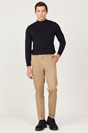 Erkek Camel Slim Fit Dar Kesim Gabardin Kumaş Desenli Pamuklu Esnek Beli Lastikli Pantolon