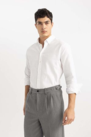 DeFacto Beyaz Modern Fit Polo Yaka Petek Dokulu Basic Düz Uzun Kollu Gömlek B7383AX24SPWT34