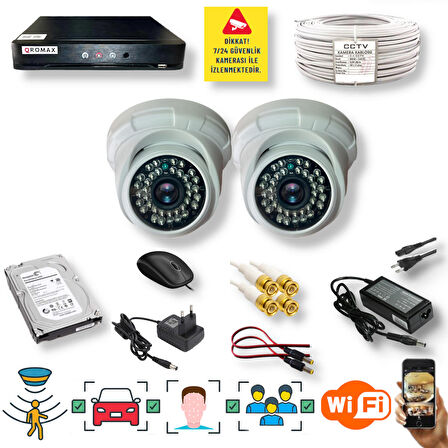 2 Kameralı Set - Araç İnsan Yüz Hareket Algılayan Gece Görüşlü 36 IR Led 5MP Sony Lensli 1080P Dome Güvenlik Kamerası Seti D136b-1