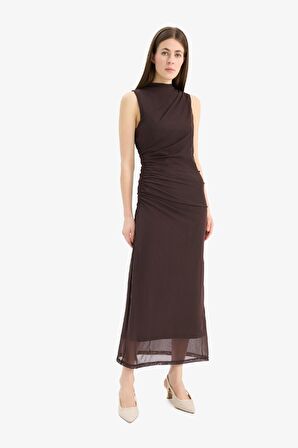 Bodycon Vücudu Saran Yarım Balıkçı Yaka Basic Düz Tül Kolsuz Maxi Elbise
