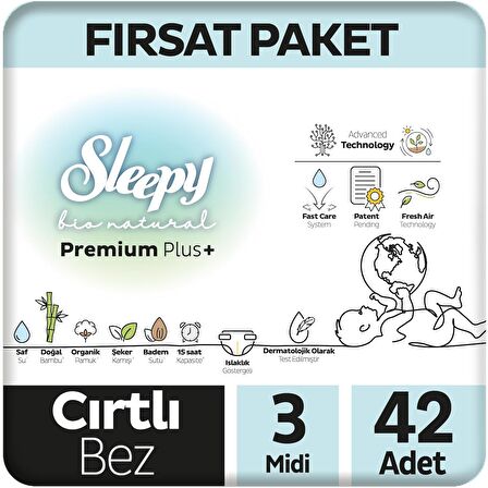 Sleepy Bio Natural Premium Plus Fırsat Paketi Bebek Bezi 3 Numara Midi 42 Adet