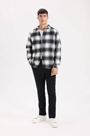 DeFacto Regular Fit Polo Yaka Kareli Flanel Uzun Kollu Gömlek D5835AX24AUBK81