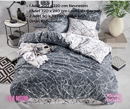 Ranforce Light Marble Antrasit Çift Kişilik Pamuklu Nevresim Takımı