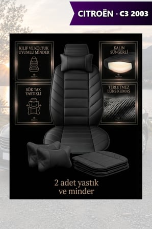 citron c3 2003 kılıf ve koltuk koruyucu 2 li set lüks minder ve yastık siyah renk