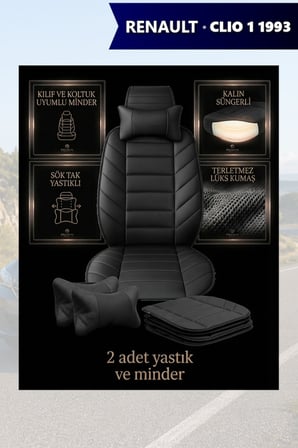 renault clio 1 1993 kılıf ve koltuk koruyucu minder ve yastık lüks 2 li set siyah renk