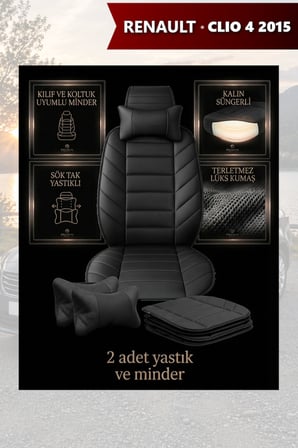 renault clio 4 2015 kılıf ve koltuk koruyucu 2 li set minder ve yastık lüks siyah renk