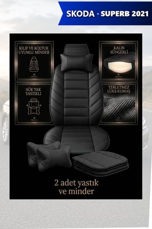 skoda superb 2021 kılıf ve koltuk koruyucu siyah renk 2 li set minder ve yastık lüks