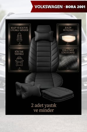 volkswagen bora 2001 kılıf ve koltuk koruyucu minder ve yastık lüks siyah renk 2 li set