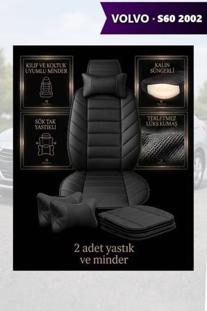volvo s60 2002 kılıf ve koltuk koruyucu minder ve yastık 2 li set lüks siyah renk