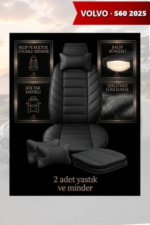 volvo s60 2025 kılıf ve koltuk koruyucu lüks siyah renk 2 li set minder ve yastık