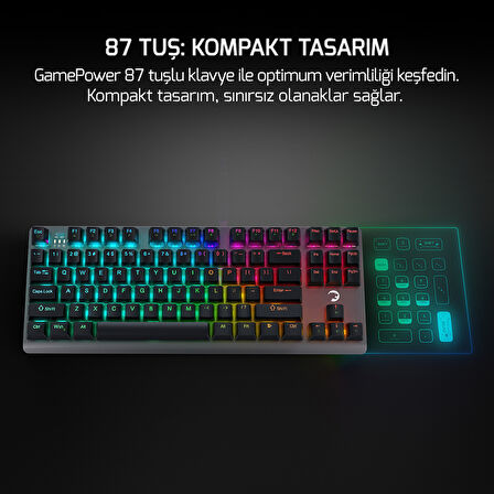 GamePower Eva 7 60M Mekanik Kablolu, 2.4Ghz, Bluetooth 3 Mod Blue Switch İngilizce Q 88 Tuş USB RGB Gaming Klavye