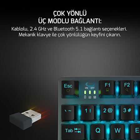GamePower Eva 7 60M Mekanik Kablolu, 2.4Ghz, Bluetooth 3 Mod Blue Switch İngilizce Q 88 Tuş USB RGB Gaming Klavye