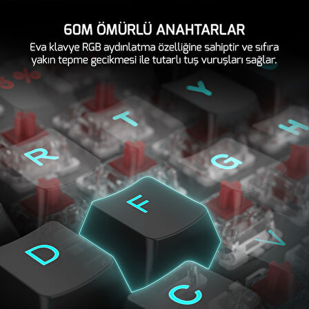 GamePower Eva 7 60M Mekanik Kablolu, 2.4Ghz, Bluetooth 3 Mod Blue Switch İngilizce Q 88 Tuş USB RGB Gaming Klavye