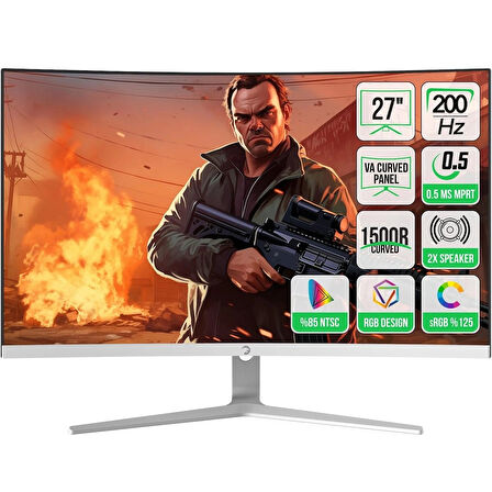 GamePower Vivid T50 27'' 1500R Curved RGB Beyaz 200Hz 0.5ms FHD 2x2W Speaker VA Gaming Monitör (Sıfır Ölü Piksel Garantili)