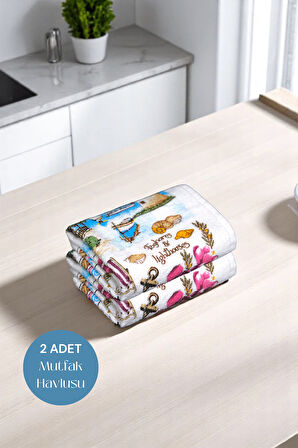 2li Paket Baskılı Beyaz Mutfak Havlusu Modeli