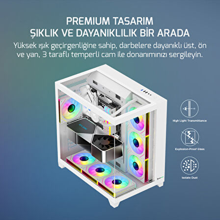 GamePower Warcry TopGlass 850W 4xARGB Temperli Cam ATX Beyaz Gaming (Oyuncu) Kasa