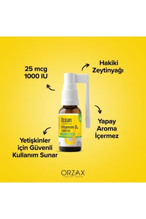 Ocean Vitamin D3 1000 IU Oral Sprey 20 ml Hakiki Zeytinyağı Yapay Aroma İçermez