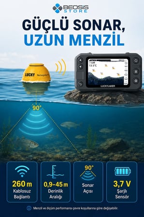 LUCKY YMT-202 Kablosuz Sonarlı Balık Bulucu – 260 m Menzil, 45 m Derinlik, 3,5 İnç Renkli Ekran