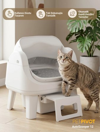 PetPivot AutoScooper 12 Sensörlü Otomatik Kedi Tuvaleti – Geniş Açık Tasarım ve Koku Kontrolü
