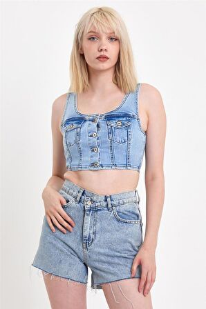 Kadın Önü Düğmeli Cep Detaylı Askılı Denim Crop  Açık Mavi