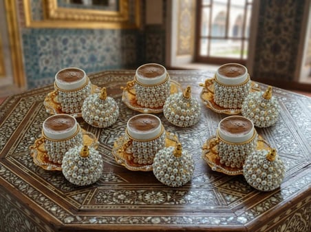 LUDIA Özel Tasarım Kapaklı 24 Parça 6 Kişilik Türk Kahvesi Fincan Takımı - İnci ve Taş Detaylı Gold Set