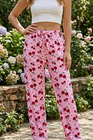 Büyük Beden Tek Alt Pijama Yumuşak Milan Kumaş İpli Bel Pembe Vişne Baskılı Meyve Loungewear Pantolon