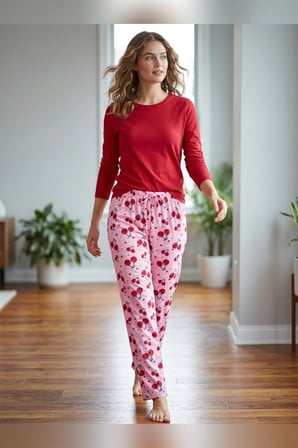 Büyük Beden Tek Alt Pijama Yumuşak Milan Kumaş İpli Bel Pembe Vişne Baskılı Meyve Loungewear Pantolon