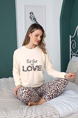 Guava Kadın Bisiklet Yaka Düğmesiz Kışlık Termal Cepli Bilek Manşetli Jogger Uzun Kol Pijama Takımı