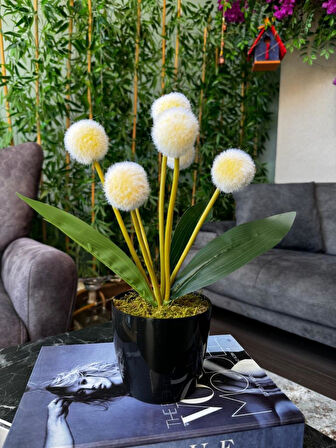 Yapay Çiçek Sarı Pompon Siyah Saksıda Dekoratif Yapay Çiçek 30*20cm