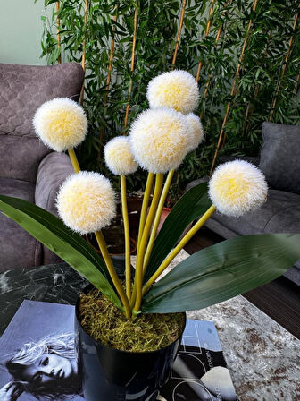 Yapay Çiçek Sarı Pompon Siyah Saksıda Dekoratif Yapay Çiçek 30*20cm
