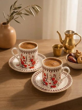 Çiçek Desenli Türk Kahvesi Fincan Takımı 2 Kişilik, Vintage Kahve Fincanı Seti