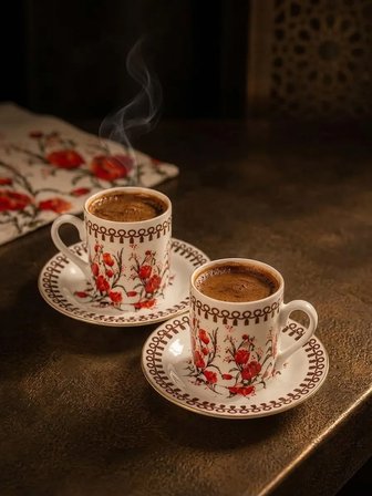 Çiçek Desenli Türk Kahvesi Fincan Takımı 2 Kişilik, Vintage Kahve Fincanı Seti