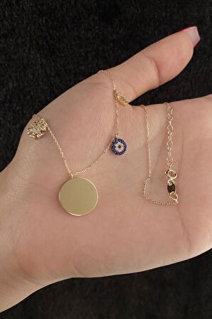 14 Ayar Altın Plaka Detaylı Şans Kolyesi