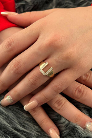 14 Ayar Altın Taşlı U Harfli Yüzük