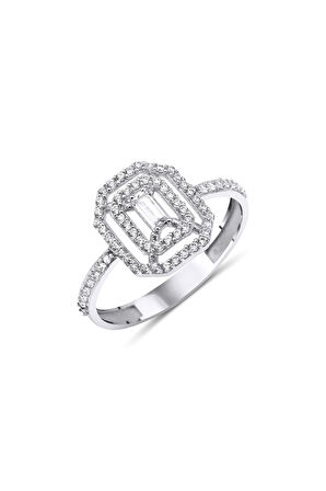 14 Ayar Altın Beyaz Şerit Detaylı Baget Yüzük