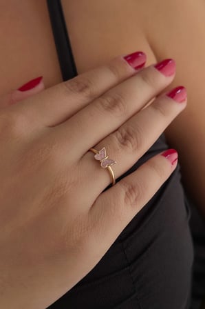 14 Ayar Altın Pembe Mineli Kelebek Yüzük