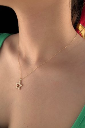 14 Ayar Altın Taş Dizisi Yıldız Kolye