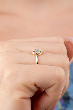 14 Ayar Altın Taşlı Mavi Mineli Kelebek Yüzük