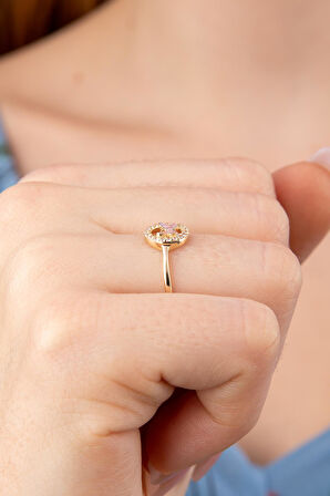 14 Ayar Altın Taşlı Pembe Mineli Kelebek Yüzük